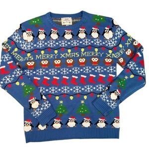 Blue Merry Christmas Penguin Owl Tree Stocking Lights Ugly Sweater Large